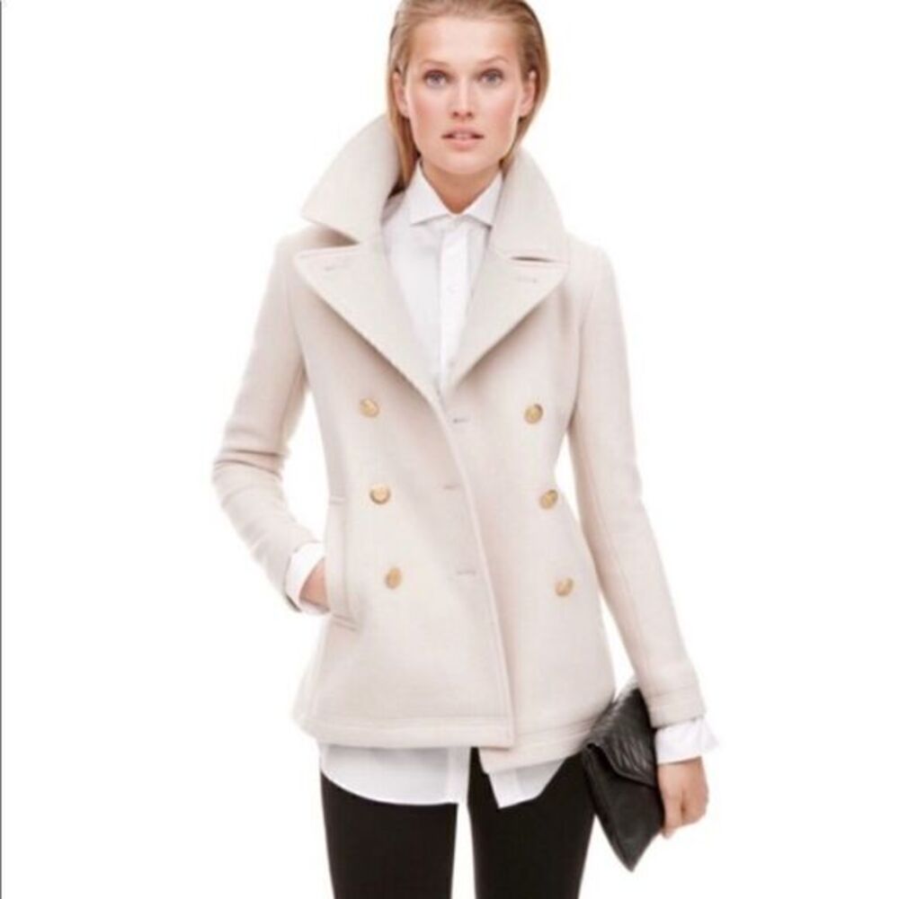 J CREW Stadium Cloth Nello Beige Cream Champagne Wool Coat Jacket Gold Button